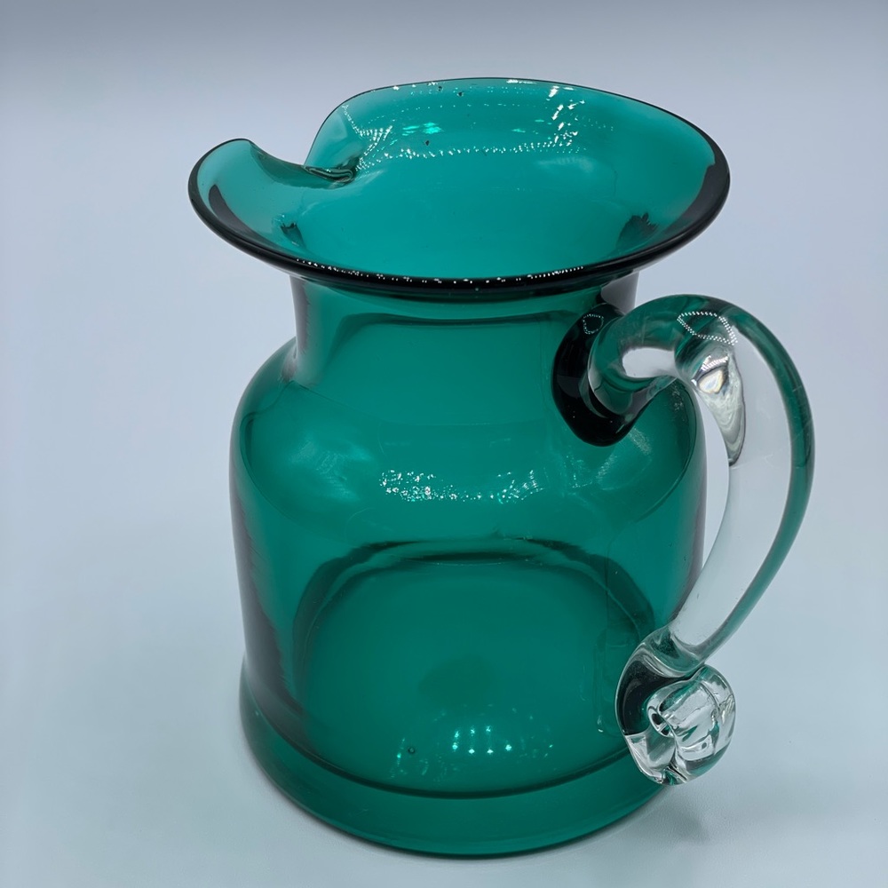 Vintage Glass Pitcher Applied Glass Handle Gorgeous Designs Co Teal Green